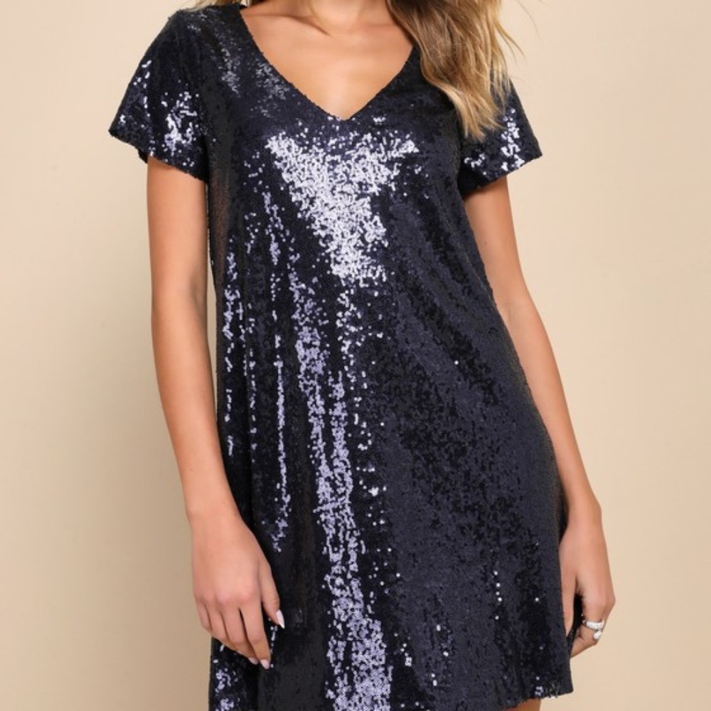 Lulus Light Up The Night Navy Blue Sequin Shift Dress - Size L